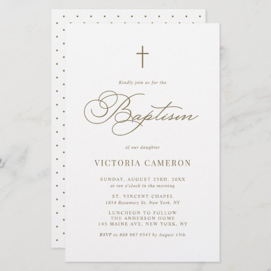 Goud Elegant Script Minimalistische Doop Uitnodigi (Voorkant / Achterkant)