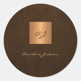 Goud elegant script monogram naam leder ronde sticker