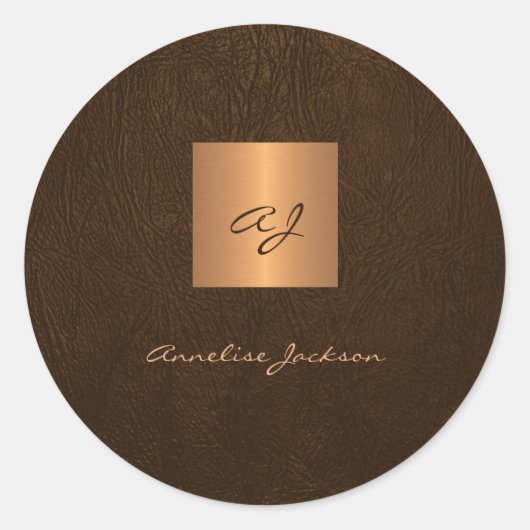 Goud elegant script monogram naam leder ronde sticker (Voorkant)