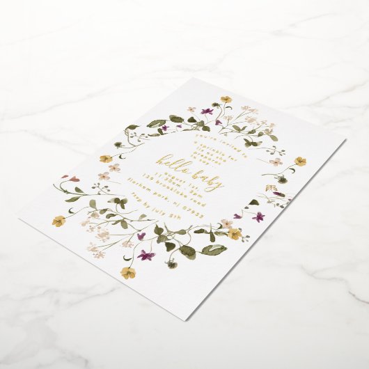 Goud Elegant Wildflower Pampas Floral Baby shower Folie Uitnodiging (Gedraaid)