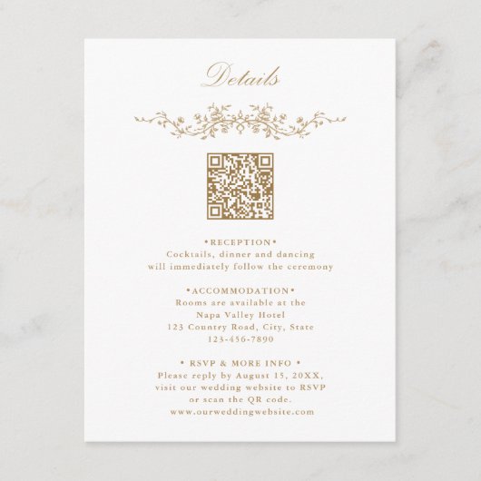 Goud Elegante Bloemenrand QR Code Trouwdetails Informatiekaartje (Voorkant)