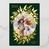 Goud Elegante Groene krans Foto Vrolijk Kerstmis Folie Feestdagenkaart (Voorkant)