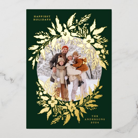 Goud Elegante Groene krans Foto Vrolijk Kerstmis Folie Feestdagenkaart (Voorkant)