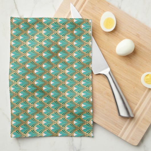 Goud en Aqua Art Deco Geometric Theedoek (Quarter Fold)