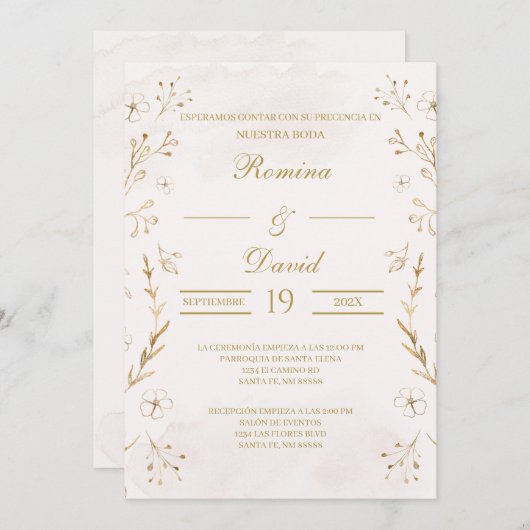 Goud en Beige Spaanse bruiloft uitnodiging (Voorkant / Achterkant)