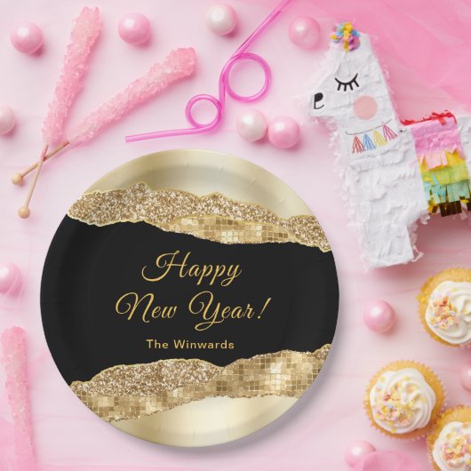 Goud en Black Glam Tranen Gelukkig Nieuwjaar Papieren Bordje (Feest)