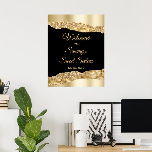 Goud en Black Glam Tranen Sweet Sixteen Welkom Poster (Thuiskantoor)