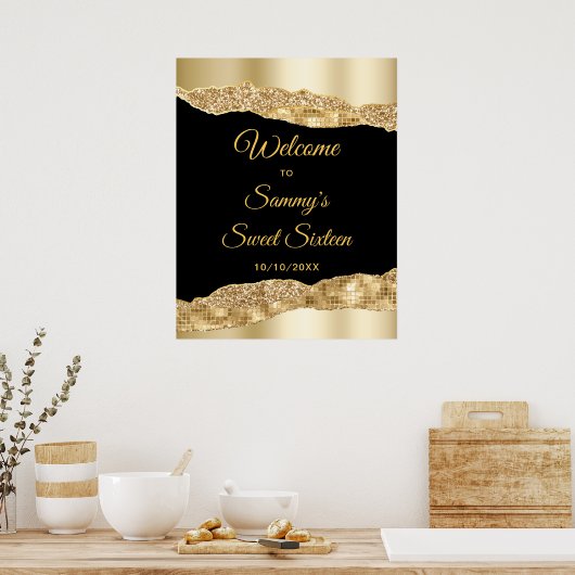 Goud en Black Glam Tranen Sweet Sixteen Welkom Poster (Keuken)