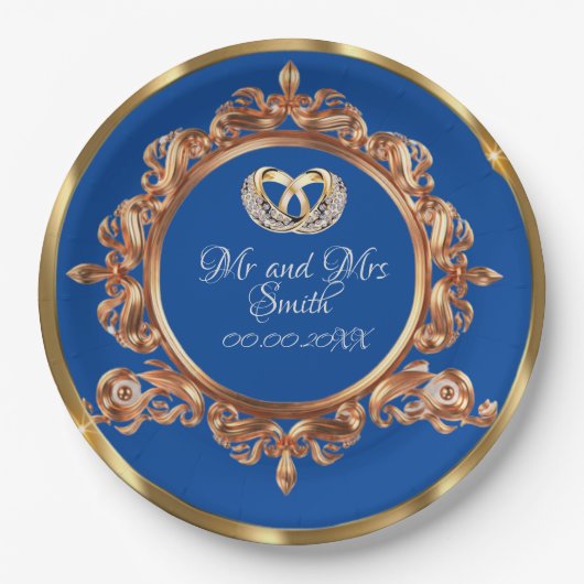 Goud en Blauw Aangepaste Weddenschap Papieren Bordje (Voorkant)