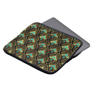 Goud en blauw Art Deco-patroon Laptop Sleeve
