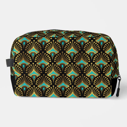 Goud en Blauw Art Deco Patroon Monogram Duffle Ba Toilettasje (Voorkant)
