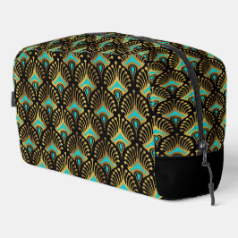 Goud en Blauw Art Deco Patroon Monogram Duffle Ba Toilettasje