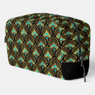 Goud en Blauw Art Deco Patroon Monogram Duffle Ba Toilettasje