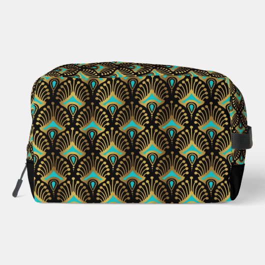 Goud en Blauw Art Deco Patroon Monogram Duffle Ba Toilettasje (Achterkant)