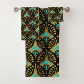 Goud en blauw Art Deco-patroon op zwart Bad Handdoek (Insitu)