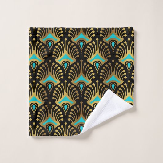Goud en blauw Art Deco-patroon op zwart Bad Handdoek (Wasdoekje)