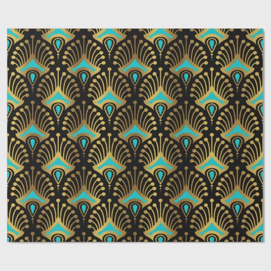 Goud en blauw Art Deco-patroon op zwart Cadeaupapier (Vlak)