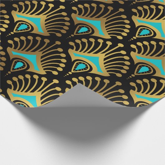 Goud en blauw Art Deco-patroon op zwart Cadeaupapier (Hoek)