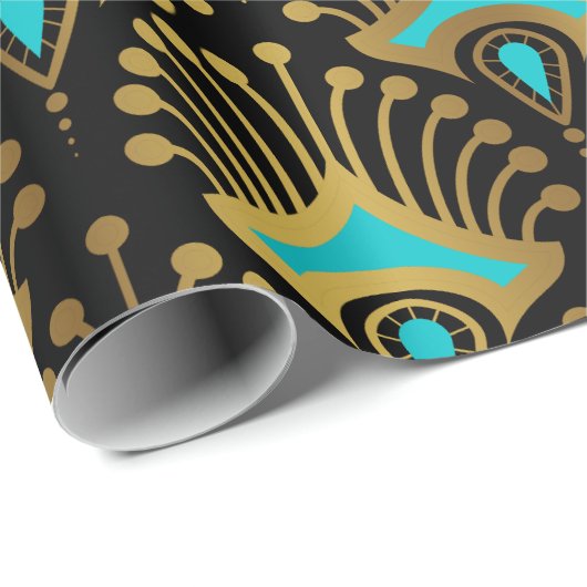 Goud en blauw Art Deco-patroon op zwart Cadeaupapier (Rol Hoek)