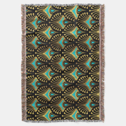 Goud en blauw Art Deco-patroon op zwart Deken (Voorkant Verticaal)