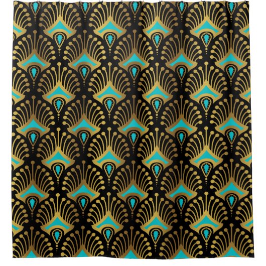 Goud en blauw Art Deco-patroon op zwart Douchegordijn (Voorkant)