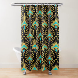 Goud en blauw Art Deco-patroon op zwart Douchegordijn