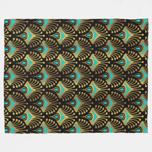 Goud en blauw Art Deco-patroon op zwart Fleece Deken (Voorkant (Horizontaal))