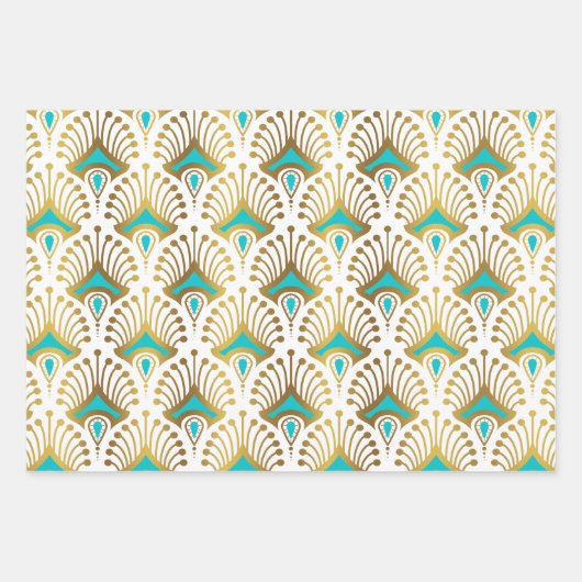 Goud en blauw Art Deco-patroon op zwart Inpakpapier Vel (Voorkant 2)