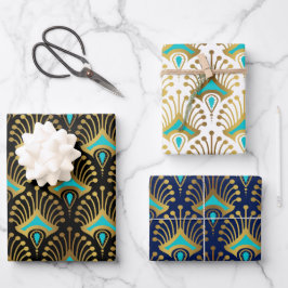 Goud en blauw Art Deco-patroon op zwart Inpakpapier Vel