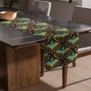 Goud en blauw Art Deco-patroon op zwart Lange Tafelloper