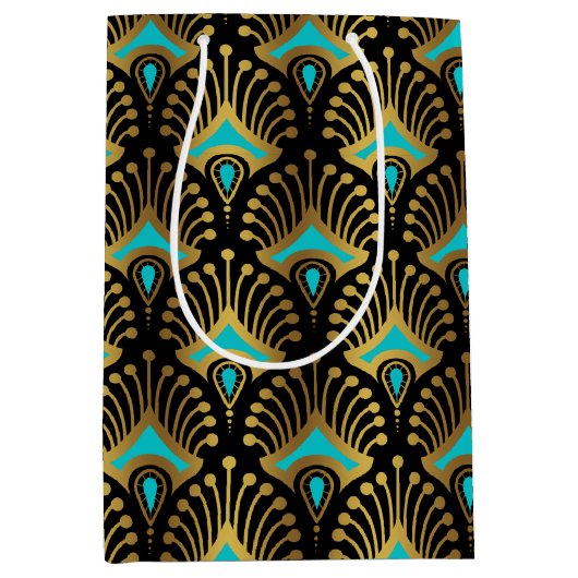 Goud en blauw Art Deco-patroon op zwart Medium Cadeauzakje (Voorkant)