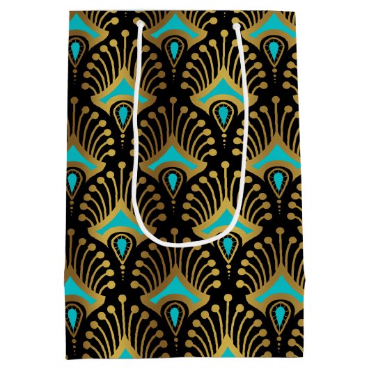 Goud en blauw Art Deco-patroon op zwart Medium Cadeauzakje (Achterkant)