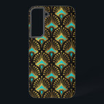 Goud en blauw Art Deco-patroon op zwart Samsung Galaxy Hoesje<br><div class="desc">Goud en blauw Art Deco-patroon boven een zwarte achtergrond.</div>
