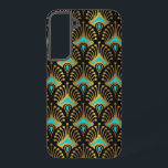 Goud en blauw Art Deco-patroon op zwart Samsung Galaxy Hoesje<br><div class="desc">Goud en blauw Art Deco-patroon boven een zwarte achtergrond.</div>