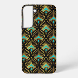 Goud en blauw Art Deco-patroon op zwart Samsung Galaxy Hoesje