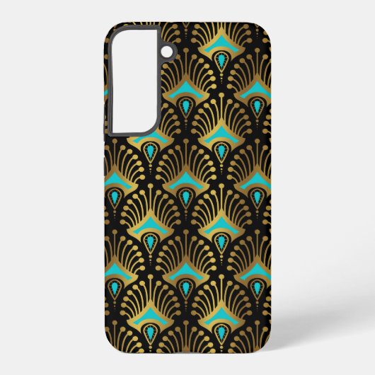 Goud en blauw Art Deco-patroon op zwart Samsung Galaxy Hoesje (Achterkant)