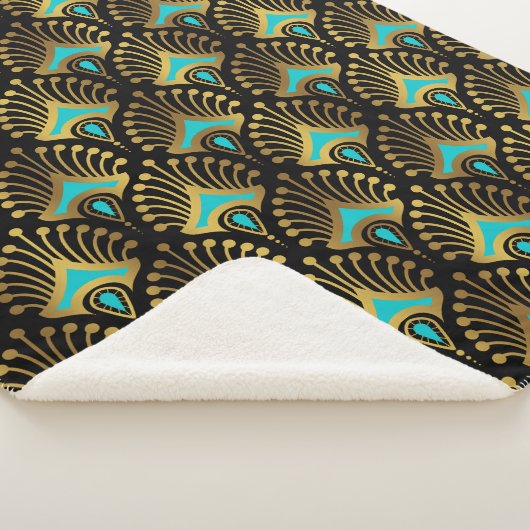 Goud en blauw Art Deco-patroon op zwart Sherpa Deken (3/4)