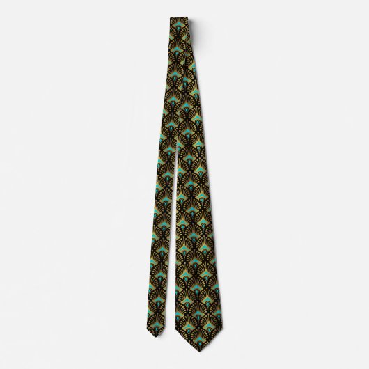 Goud en blauw Art Deco-patroon op zwart Stropdas (Achterkant)