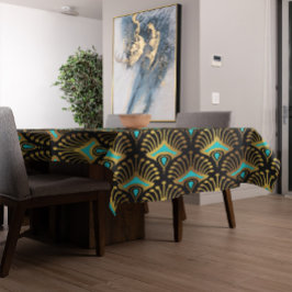 Goud en blauw Art Deco-patroon op zwart Tafelkleed