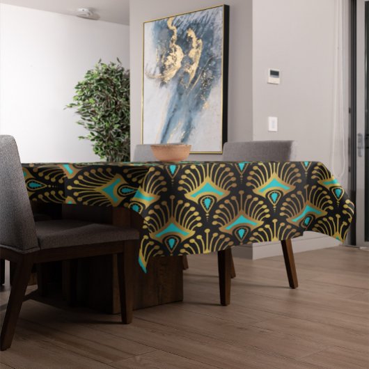Goud en blauw Art Deco-patroon op zwart Tafelkleed