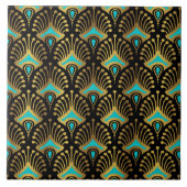 Goud en blauw Art Deco-patroon op zwart Tegeltje (Voorkant)