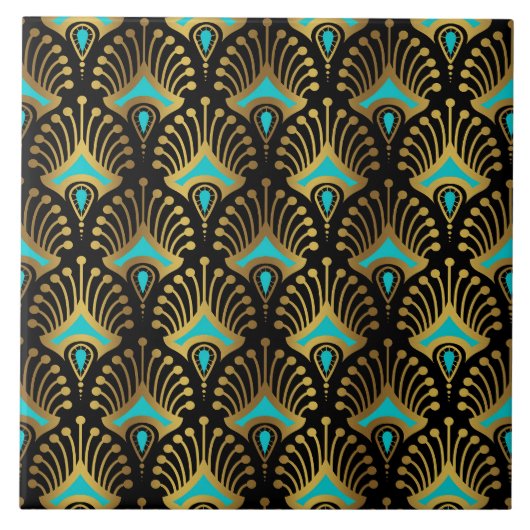 Goud en blauw Art Deco-patroon op zwart Tegeltje (Voorkant)