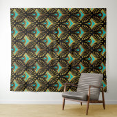 Goud en blauw Art Deco-patroon op zwart Wandkleed (In Situ (horizontaal))