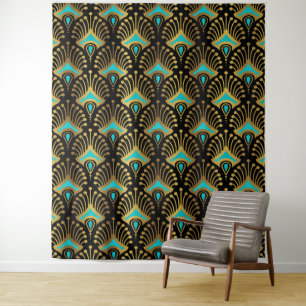 Goud en blauw Art Deco-patroon op zwart Wandkleed