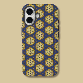 Goud en Blauw Bloemen en Teardrop Patroon iPhone 16 Hoesje