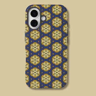 Goud en Blauw Bloemen en Teardrop Patroon iPhone 16 Hoesje