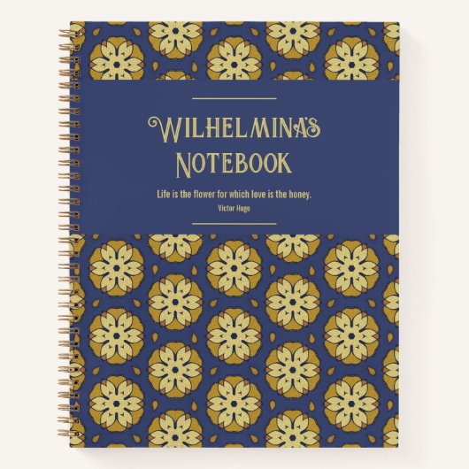 Goud en Blauw Bloemen en Teardrop Patroon Notitieboek (Voorkant)