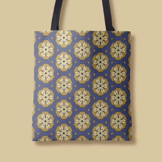 Goud en Blauw Bloemen en Teardrop Patroon Tote Bag