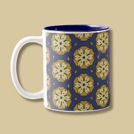 Goud en Blauw Bloemen en Teardrop Patroon Tweekleurige Koffiemok