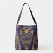 Goud en blauw, bloemig naadloos patroon. crossbody tas (Achterkant)